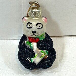 VTG Glitter Panda Bear Holiday Christmas Blown Glass Tree Ornament